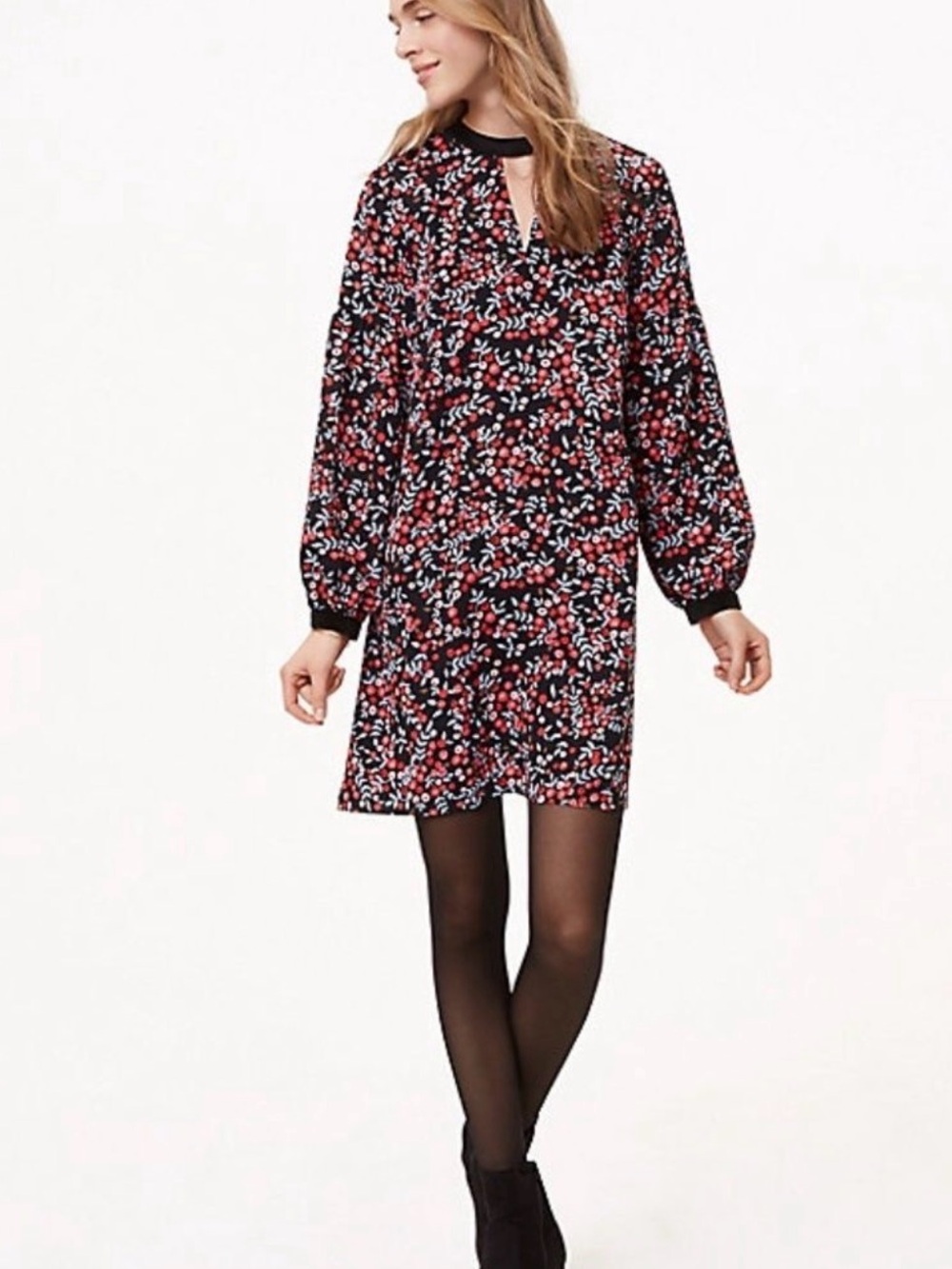 Floral Long-Sleeve Shift Dress -Knee length